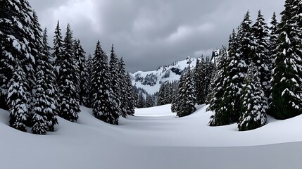 SnowCovered Forest Path with Mountain Vista, and Winter Wonderland.