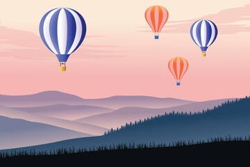 Fototapeta premium Colorful Hot Air Balloons Floating Over Serene Mountain Landscape at Dusk with Stunning Sunset Sky