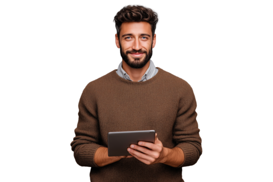 Man using a digital tablet in casual sweater PNG with a transparent background

