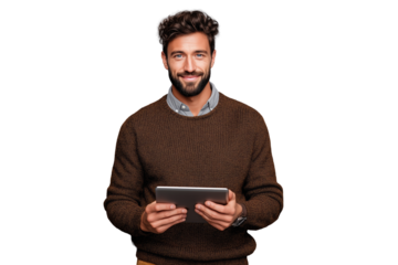 Man using a digital tablet in casual sweater PNG with a transparent background

