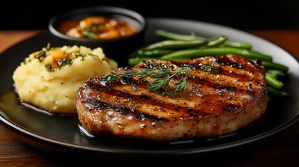 A beautifully grilled pork chop with sides of mashed potatoes and green beans on a plate.