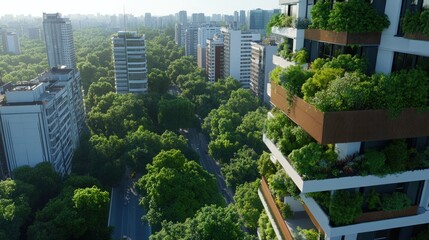 Verdant cityscape with sustainable architecture. Lush urban landscape with vertical gardens on modern buildings