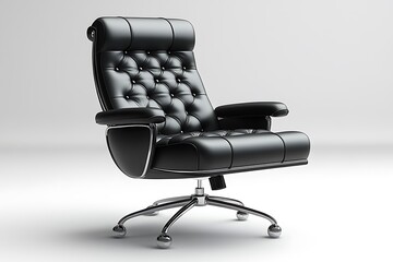 Naklejka premium A black leather executive chair with tufted upholstery is isolated against white background