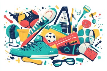 Colorful summer sports and beach equipment collage.