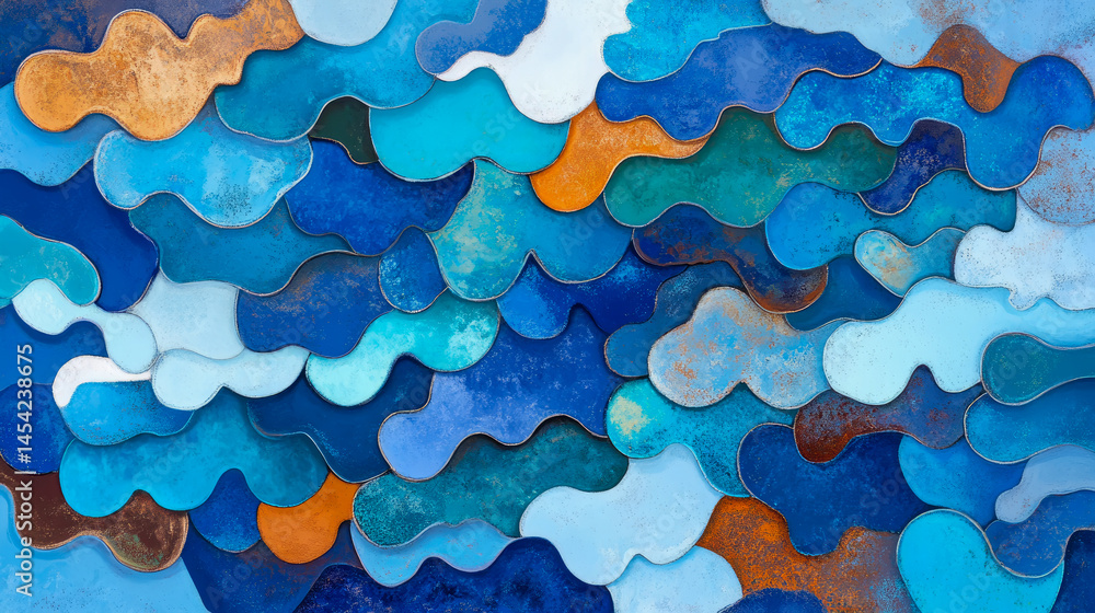 Poster abstract fluid metallic forms: an array of liquid-like metallic shapes with blue and bronze hues cre