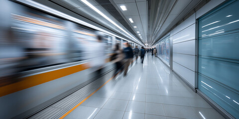 A blurry image of a subway station with people walking on the platform