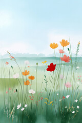 A field of flowers with a blue sky in the background