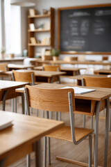 A classroom with wooden desks and chairs, a chalkboard, and a potted plant