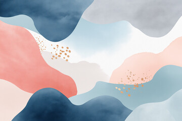A painting of a mountain range with a blue sky and pink and blue colors