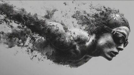 Athlete dissolving in ink splash.

