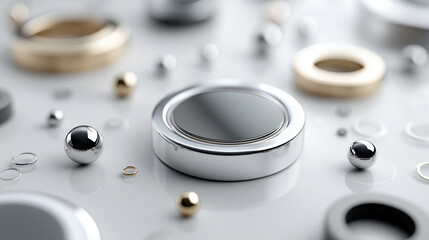 A variety of shiny, metallic objects, including a silver ball and a gold ball