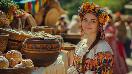 The Carpathian Festival of Folk Crafts in Ukraine, a celebration of vibrant traditions set against the majestic Carpathian mountains. Artisans proudly display intricate hand-made crafts like pottery, 