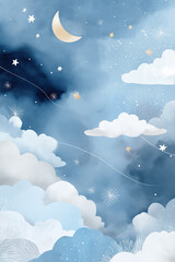A blue sky with a large moon and stars
