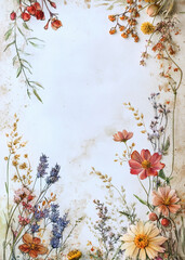 Wildflowers arranged beautifully against a textured background in natural light during springtime, generative ai