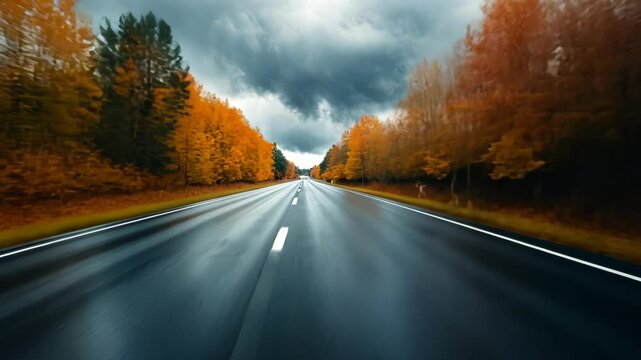 Autumn road, rain, trees, moving, fall, empty highway, moody, landscape, travel
