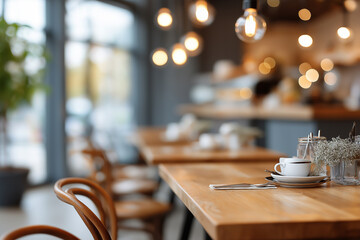 A restaurant with a wooden table and chairs