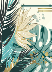 Abstract print of monstera and palm leaves, gold and green illustration of exotic foliage, minimalistic nature decor, trendy watercolor splatter poster, elegant modern home design