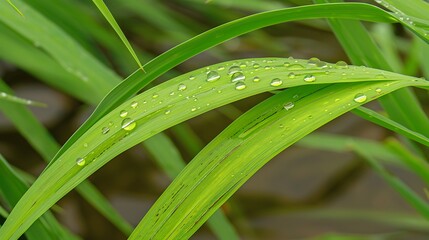 Obraz premium Emerald blades adorned with crystalline jewels after a refreshing rainfall