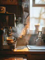 Espresso machine brewing fresh coffee steam cup warm drink cozy kitchen
