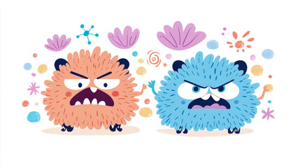 Playful Monster Duo: A fun Illustration of Two Angry Furry Creatures with colorful surrounding elements.