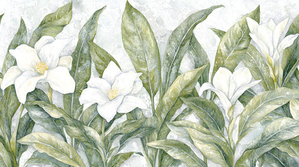 Blooming camellias in hyperrealistic botanical design nature scene fine art bright environment