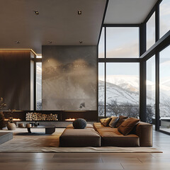 Luxurious modern living room with a fireplace, large windows, and a stunning snowy mountain view. Elegant, contemporary interior design.
