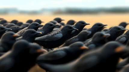 Obraz premium Flock Of Black Birds In A Field At Dawn
