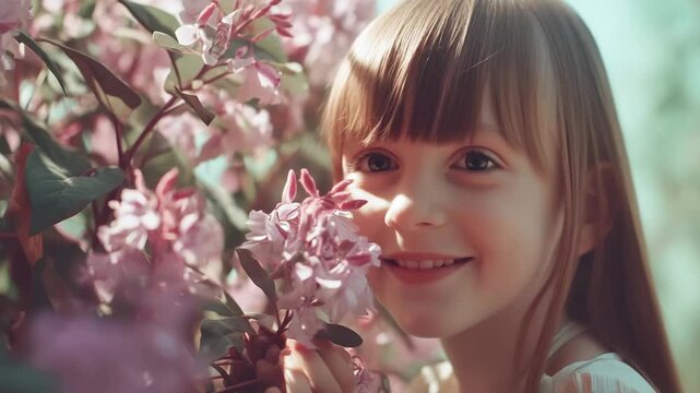 春の草花の背景と美女のポートレート