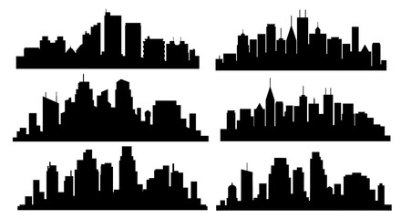Fototapeta premium Six black skylines representing modern cities with skyscrapers and buildings