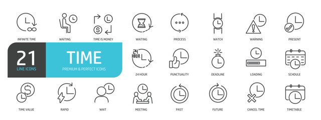 Set of line icons related to time, clock, watch. Outline icons collection. Editable stroke. Vector illustration.