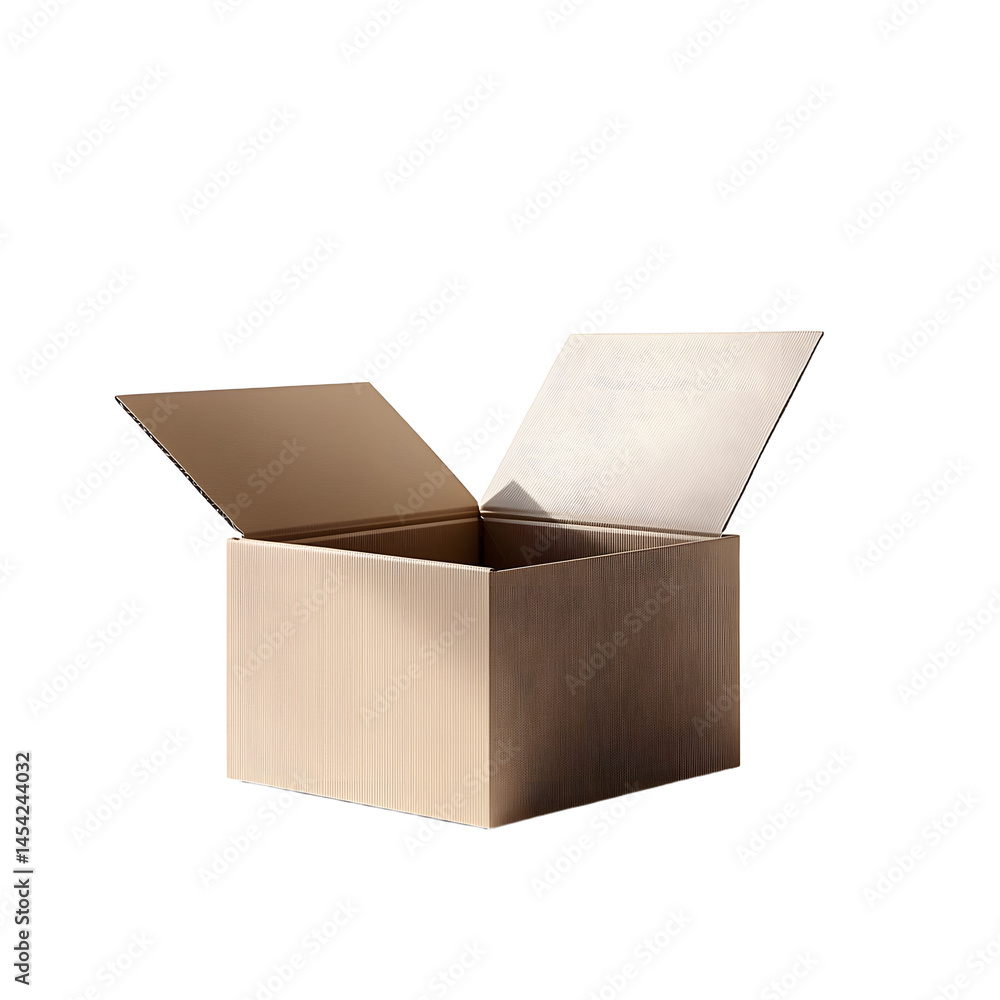 Poster a realistic image of an open cardboard box with flaps lifted, positioned on a clean white surface