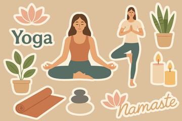 Woman Practicing Yoga Surrounded by Plants, Candles, and Wellness Elements Illustration