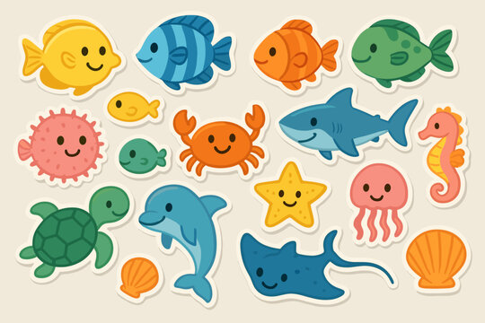 Cute Cartoon Sea Animals Collection with Smiling Faces