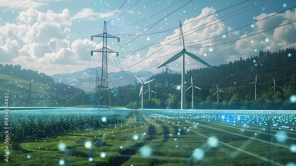 Poster wind turbines and power lines in a rural landscape with an overlay of glowing blue data points. smar
