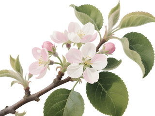 apple tree branch with pink and white blooming flower buds in spring isolated on transparent png.