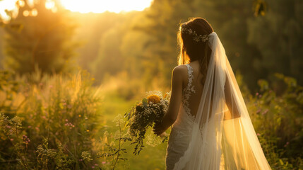 Sunset bride wildflowers romantic wedding dress golden hour bridal photography