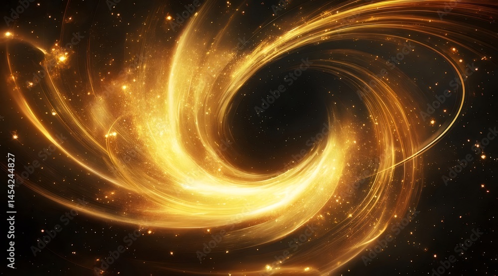 Aufkleber 黄金の渦巻きブラックホールと輝く星の宇宙背景 暗闇に包まれた神秘的な空間デザイン