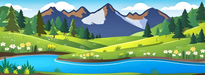 Scenic landscape with mountains, lake, and trees