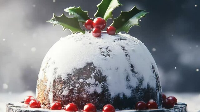 Festive dessert featuring a snow-covered pudding adorned with holly and red berries, set against a wintery backdrop