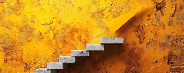 Stone steps climb an textured golden wall, ending with a vibrant yellow arrow pointing upward