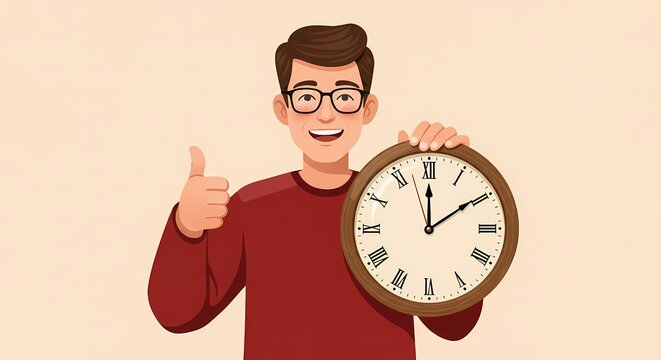 Enthusiastic young man cheerfully presents a vintage clock face, gives thumbs up, signaling effective time management and positivity toward punctuality and schedules