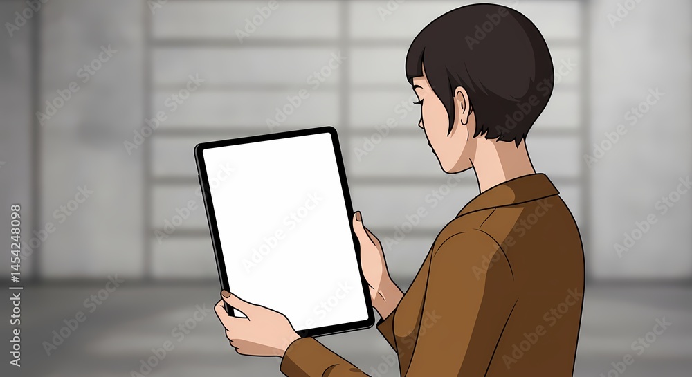 Poster animated character holding a tablet with a blank screen in a modern architectural background for ver