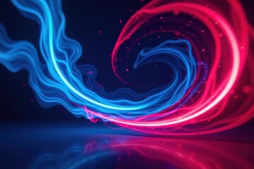 Abstract swirling light trails, vibrant neon blue and pink energy flows, dynamic motion design with glowing particles reflecting on a dark surface