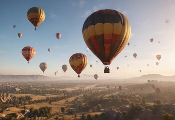 Obraz premium Tourist's view from below of hot air balloons rising, summer, wind