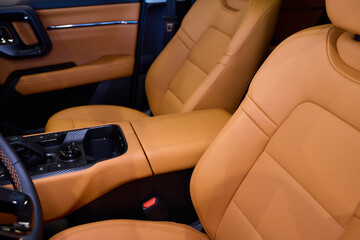 Fototapeta premium Discover the Stylish Car Interior with Premium Leather Seats for elegance and comfort