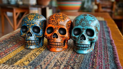 Explore the macabre with this chilling scene of three skulls placed on a table, creating a mysterious and haunting atmosphere.