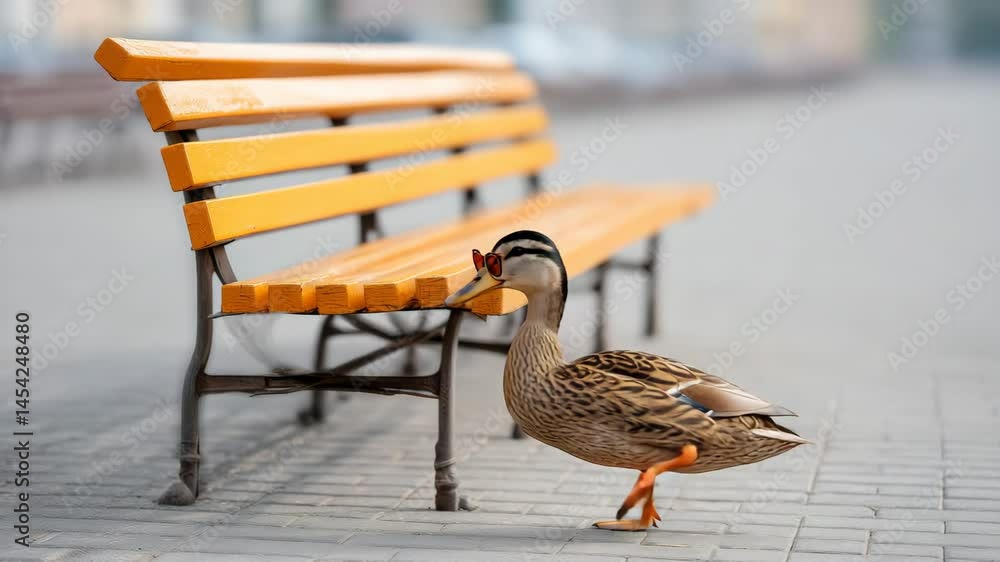 Aufkleber duck is standing on a sidewalk in front of a bench. the bench is empty and the duck is wearing sungl