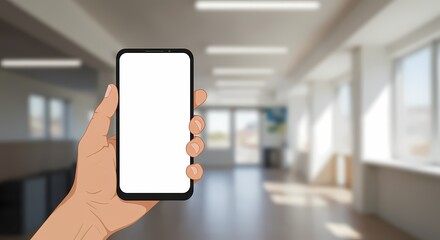 Modern workspace mock-up: Hand holding frameless smartphone with empty white screen against blurred office interior provides limitless business app presentation
