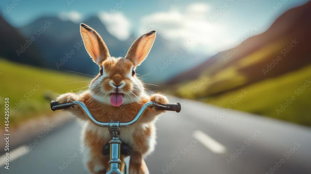 Poster rabbit is riding a bicycle down a road. the rabbit is smiling and he is enjoying the ride