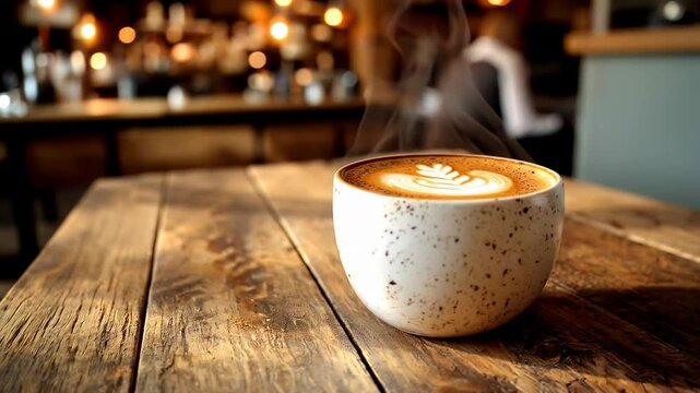 Warm latte on a rustic wooden table in a cozy cafe during morning hours